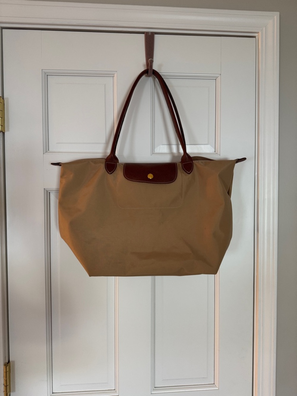 Longchamp Le Pilage authentic Tote Bag in Tan with Brown Trim